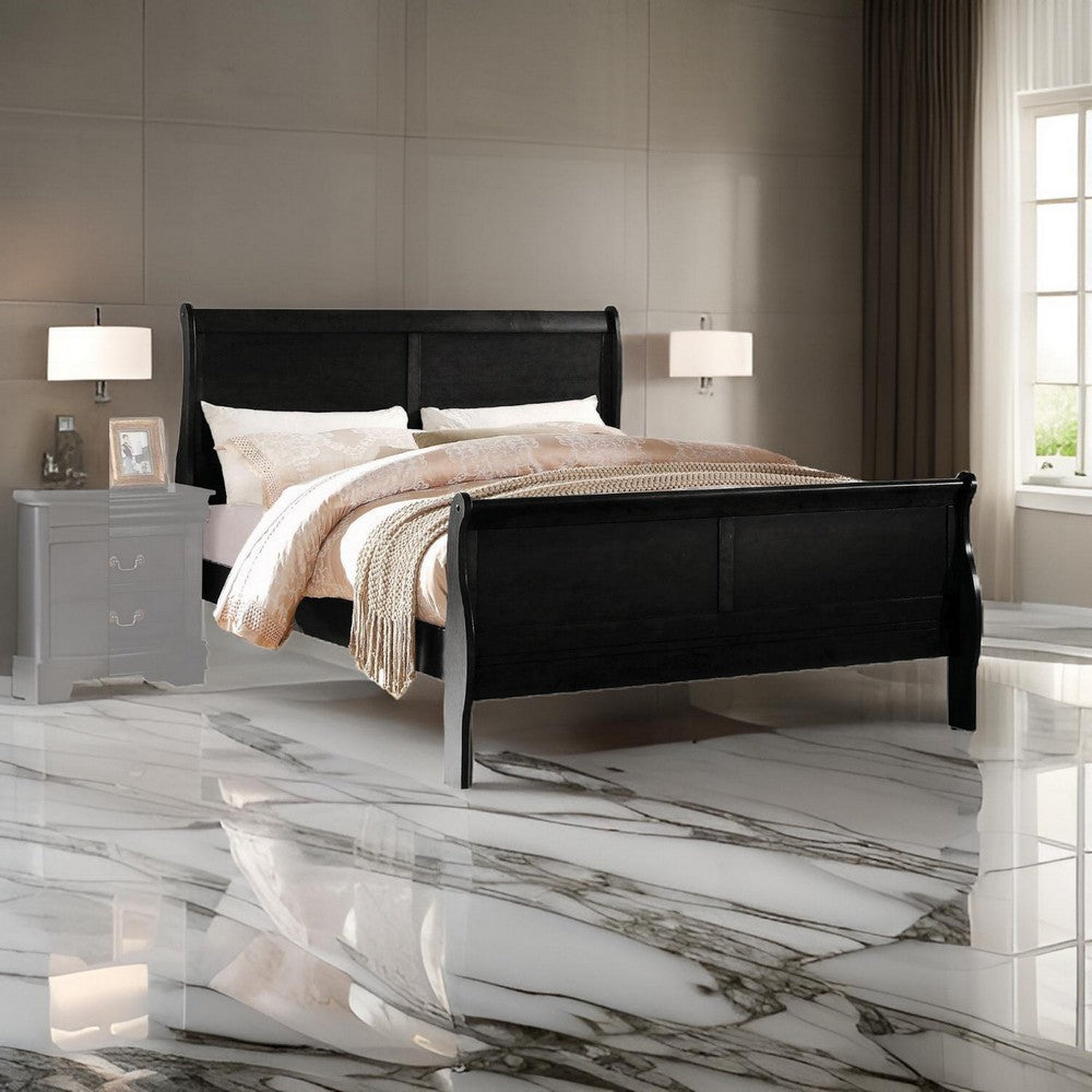 Benjara Transitional Panel Design Sleigh Eastern King Size Bed, Black