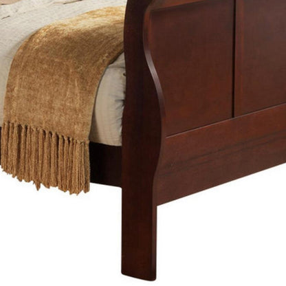 Benjara Transitional Panel Design Sleigh Twin Size Bed, Cherry Brown