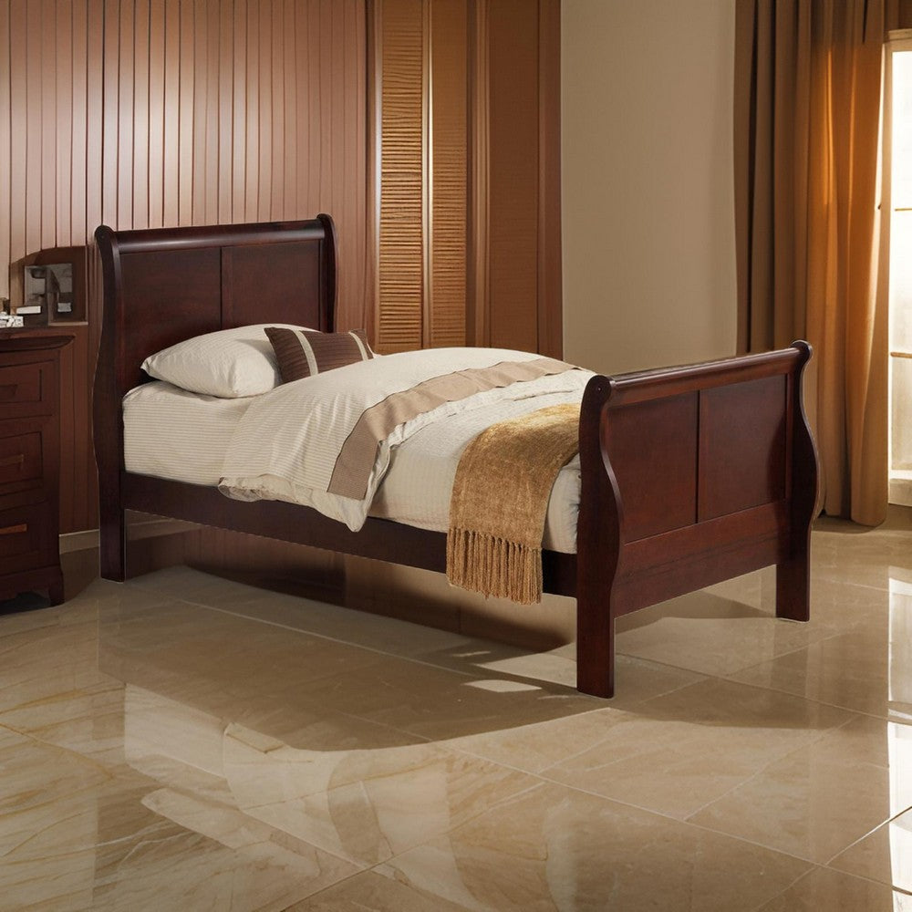 Benjara Transitional Panel Design Sleigh Twin Size Bed, Cherry Brown