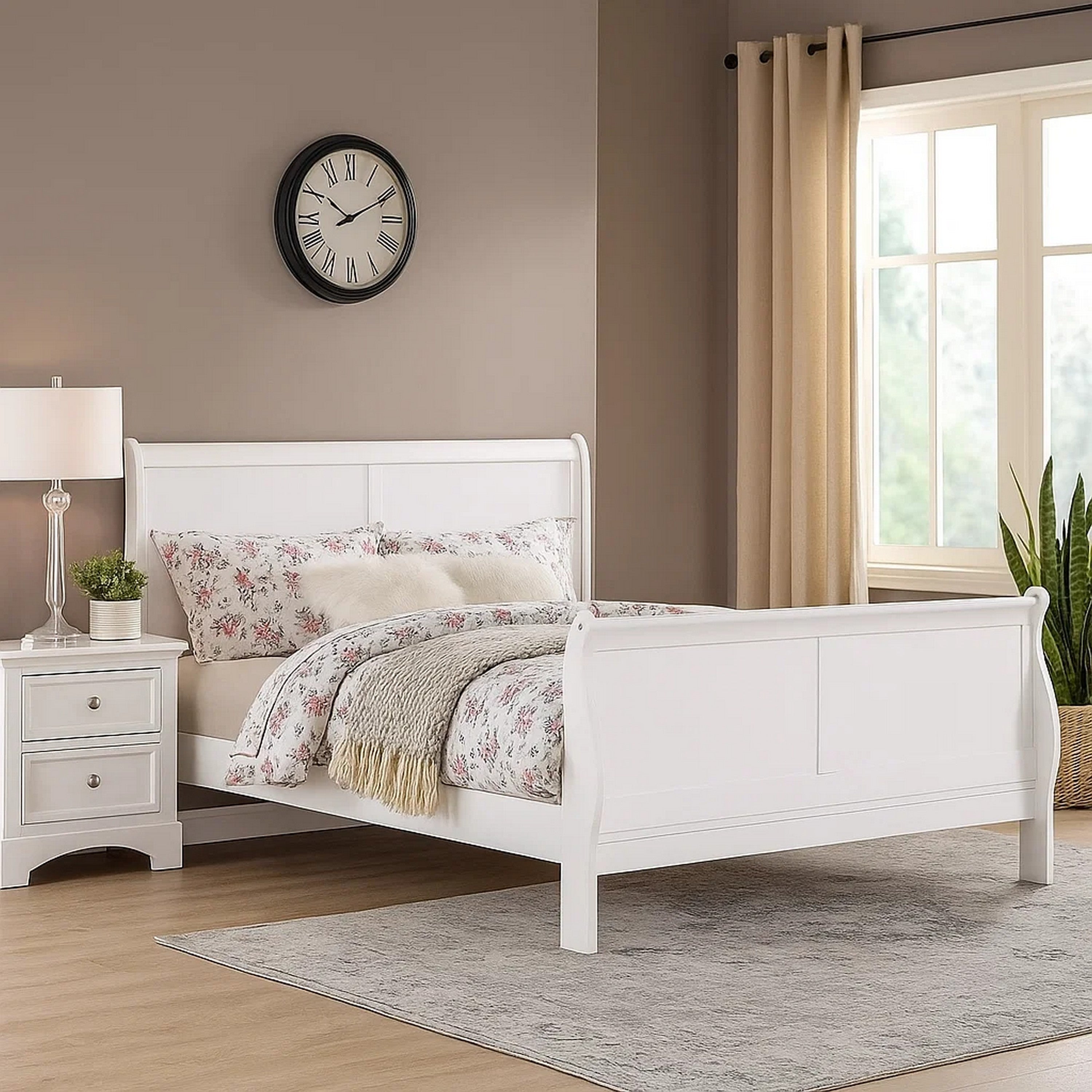 Benjara Transitional Panel Design Sleigh Eastern King Size Bed, White