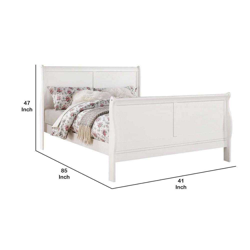 Benjara Transitional Panel Design Sleigh Twin Size Bed, White