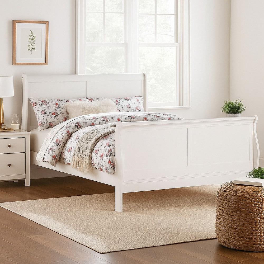 Benjara Transitional Panel Design Sleigh Twin Size Bed, White