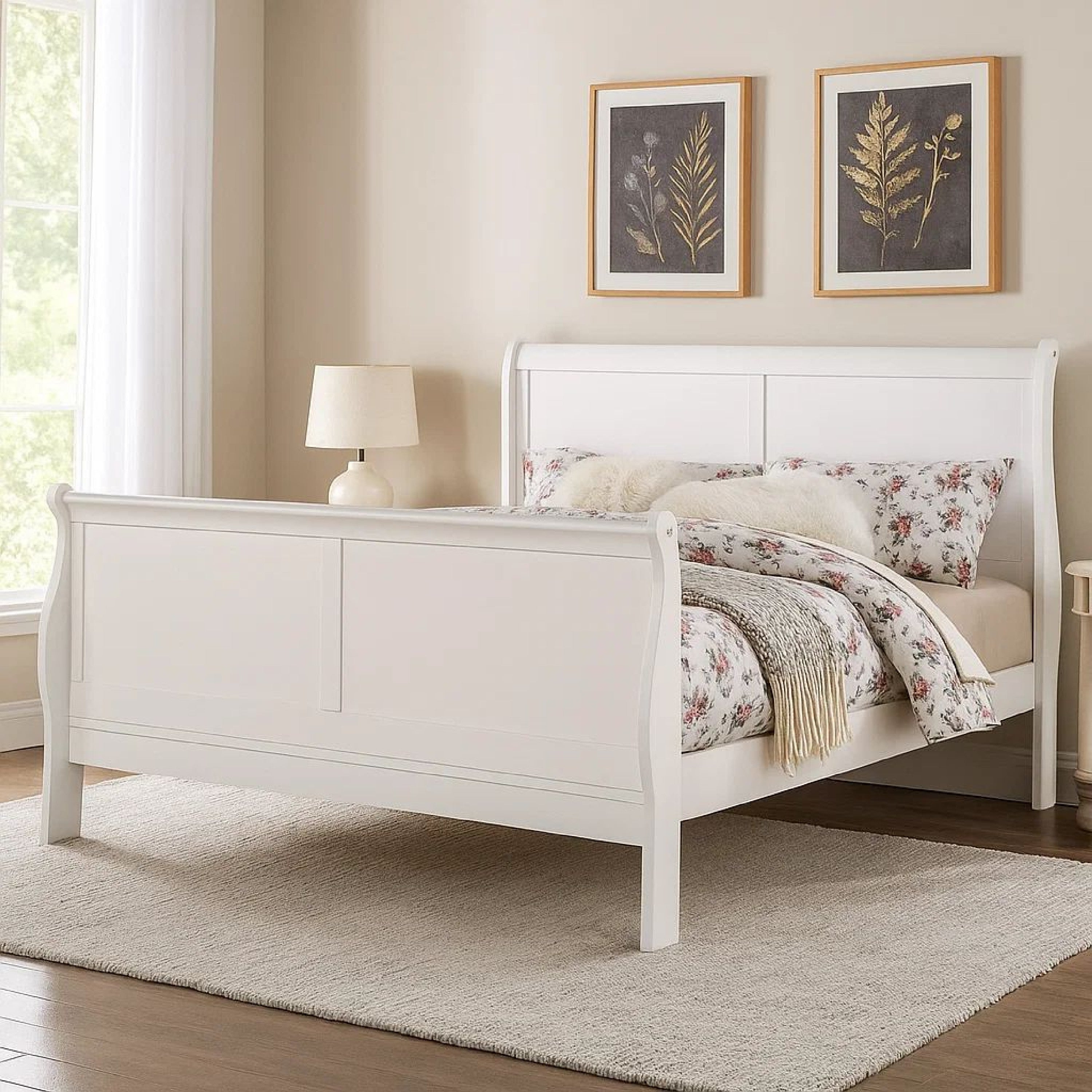 Benjara Transitional Panel Design Sleigh Twin Size Bed, White