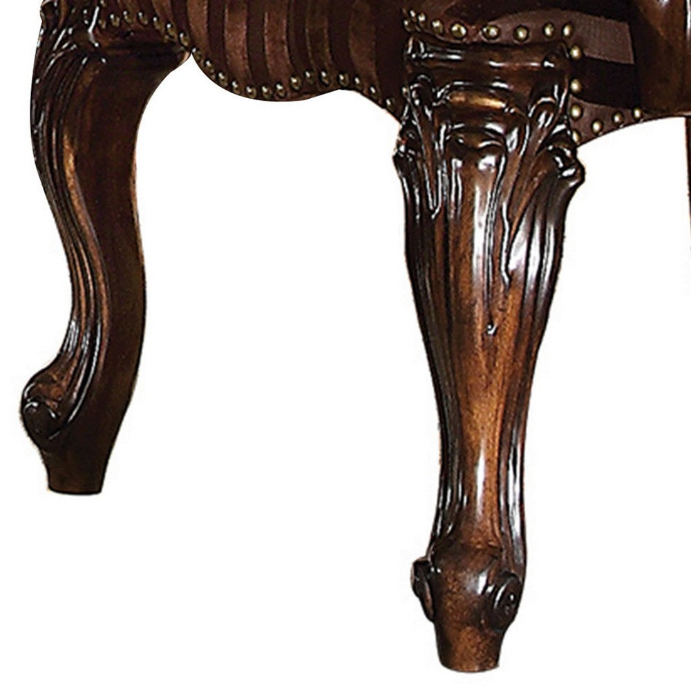 Benjara Wooden Arm Chair with Button Tufted Backrest And Carved Details, Set of 2, Brown