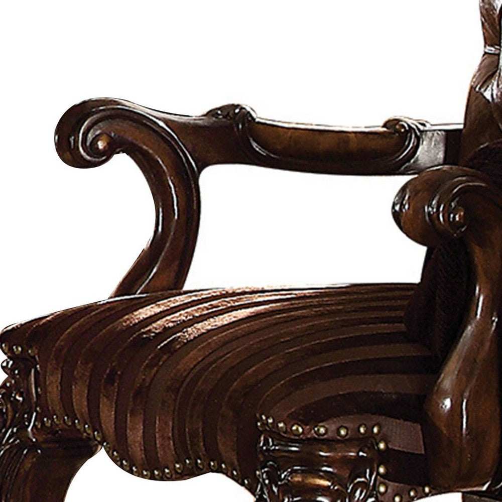 Benjara Wooden Arm Chair with Button Tufted Backrest And Carved Details, Set of 2, Brown