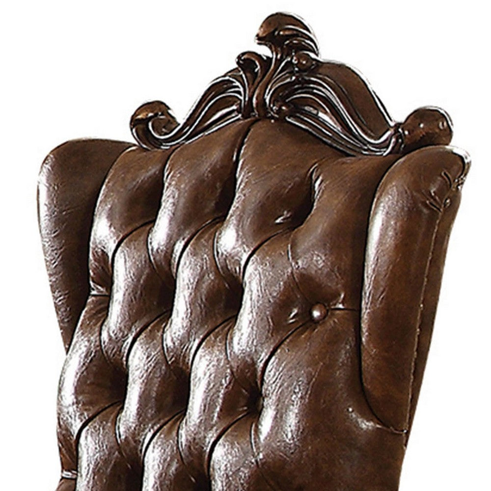 Benjara Wooden Arm Chair with Button Tufted Backrest And Carved Details, Set of 2, Brown