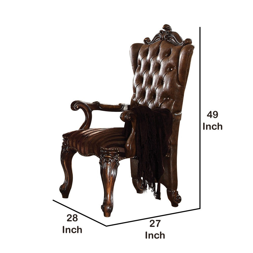 Benjara Wooden Arm Chair with Button Tufted Backrest And Carved Details, Set of 2, Brown