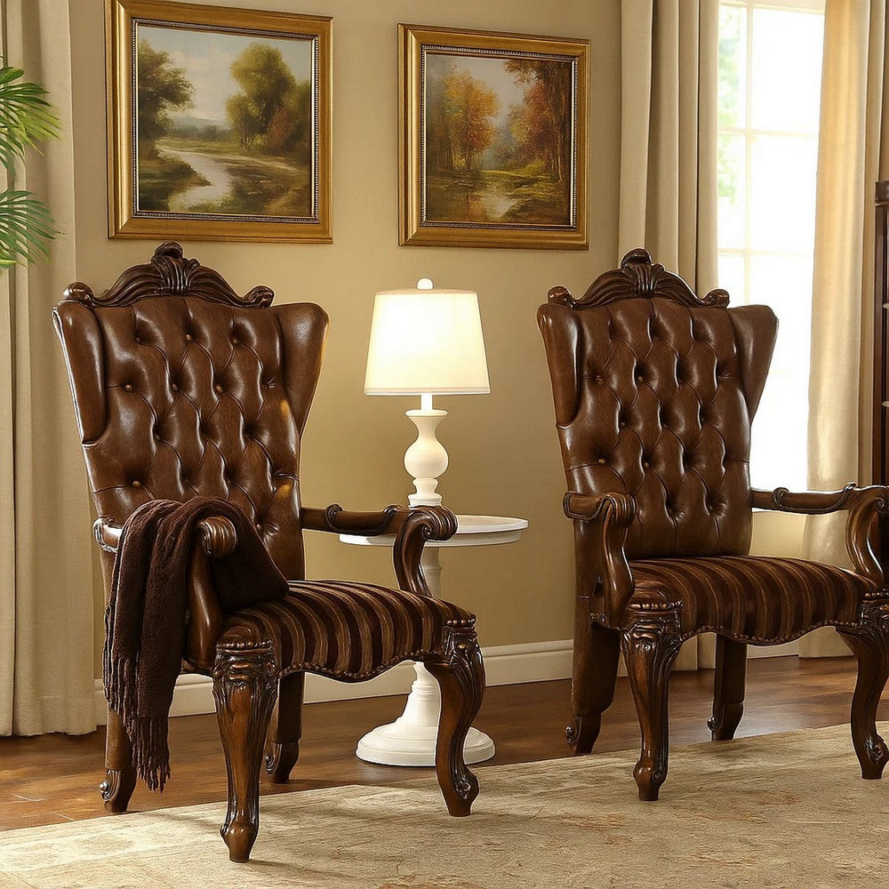 Benjara Wooden Arm Chair with Button Tufted Backrest And Carved Details, Set of 2, Brown