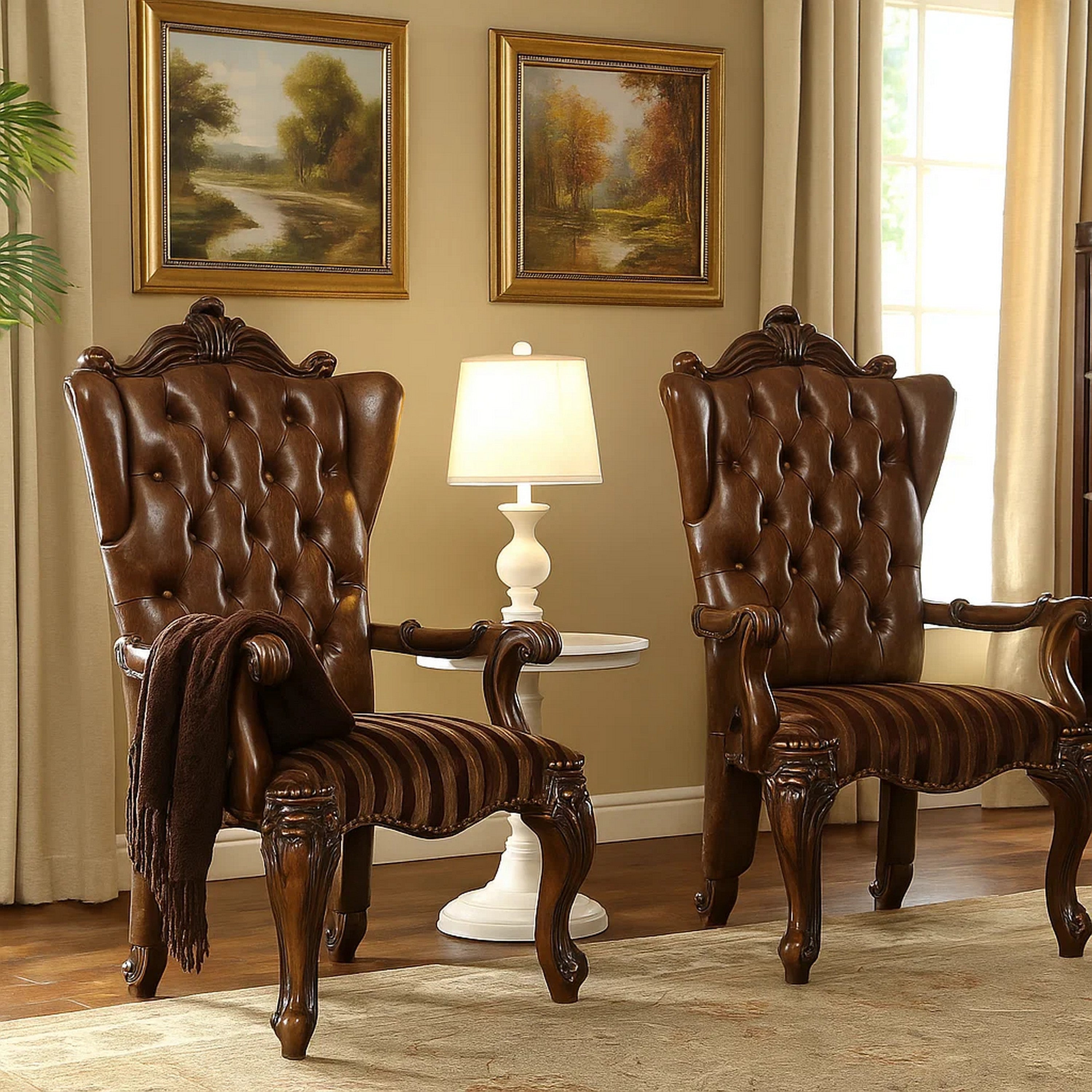 Benjara Wooden Arm Chair with Button Tufted Backrest And Carved Details, Set of 2, Brown