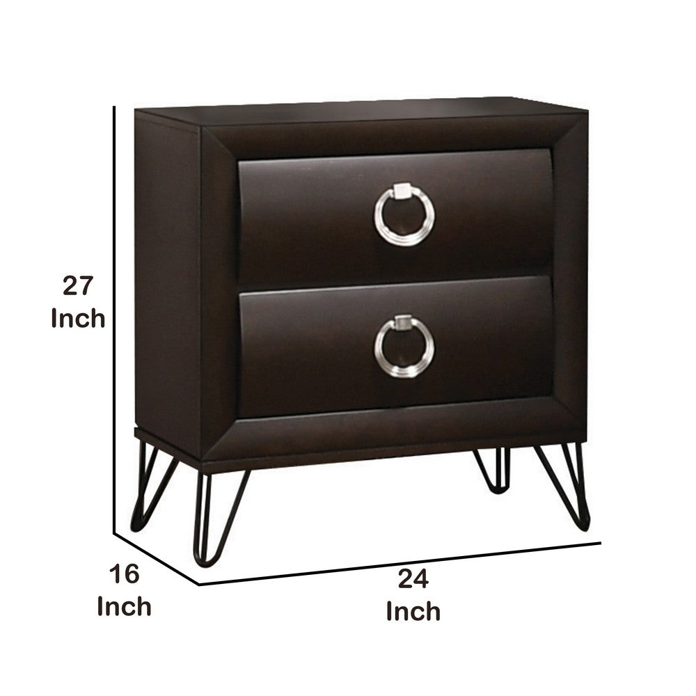 Benjara 2 Drawer Wooden Nightstand with Metal Ring Handles And Harpin Legs, Brown