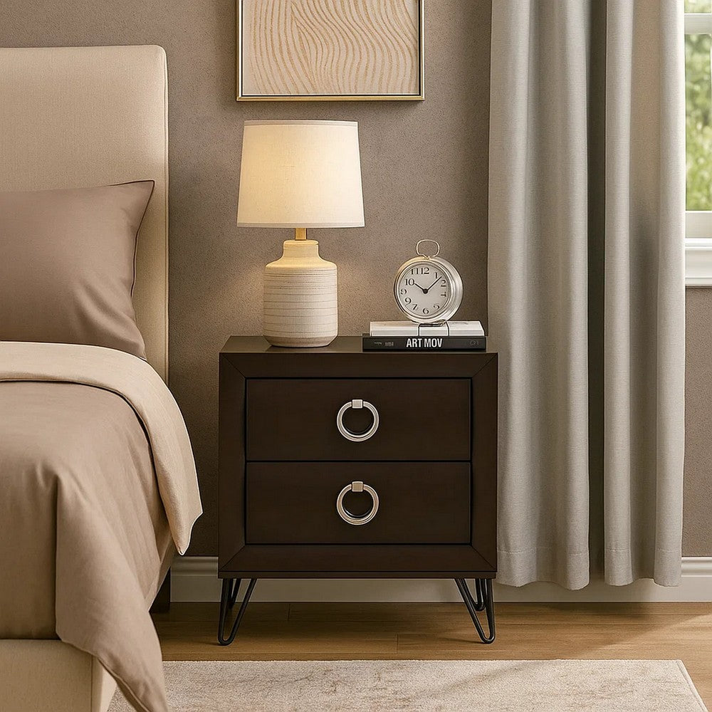 Benjara 2 Drawer Wooden Nightstand with Metal Ring Handles And Harpin Legs, Brown