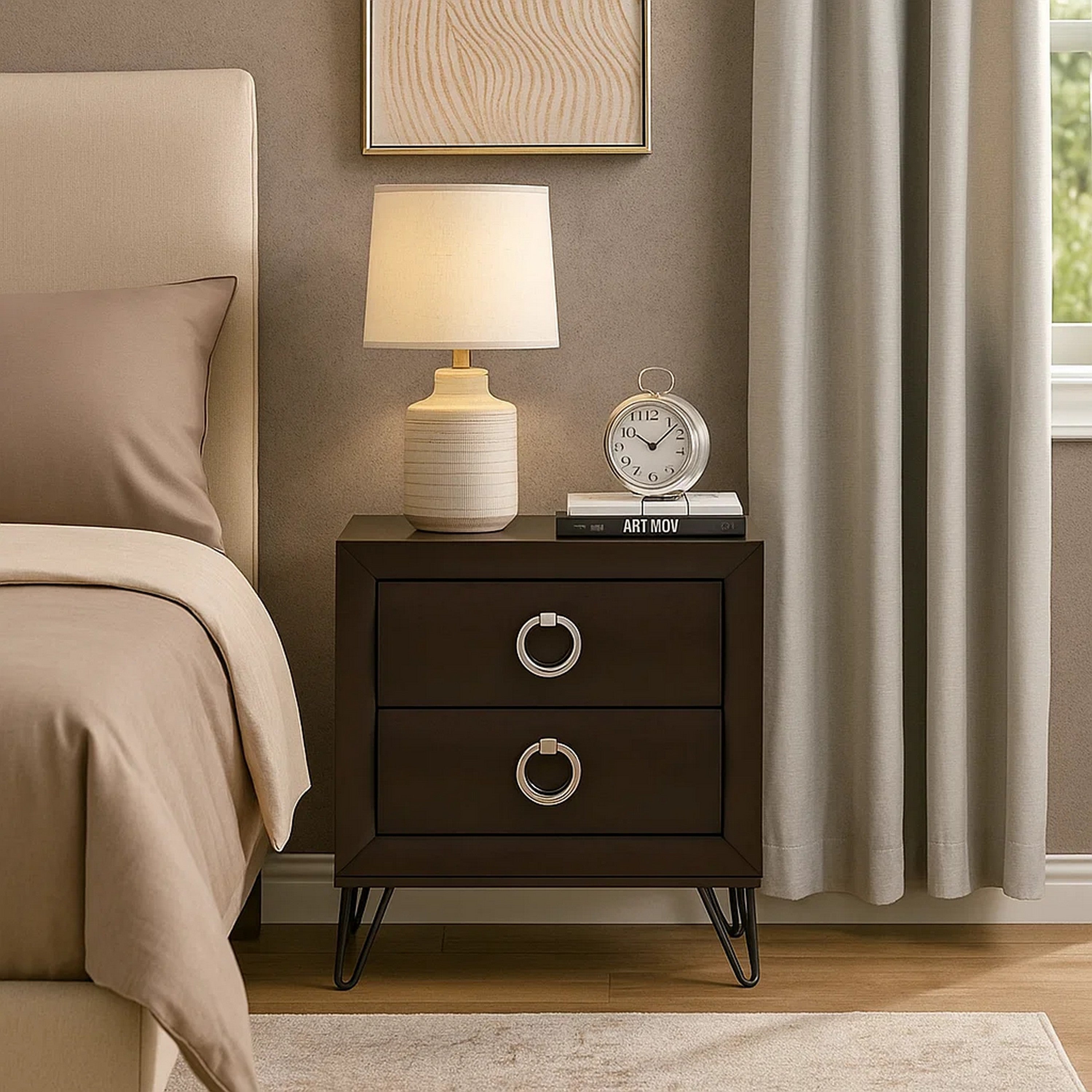 Benjara 2 Drawer Wooden Nightstand with Metal Ring Handles And Harpin Legs, Brown