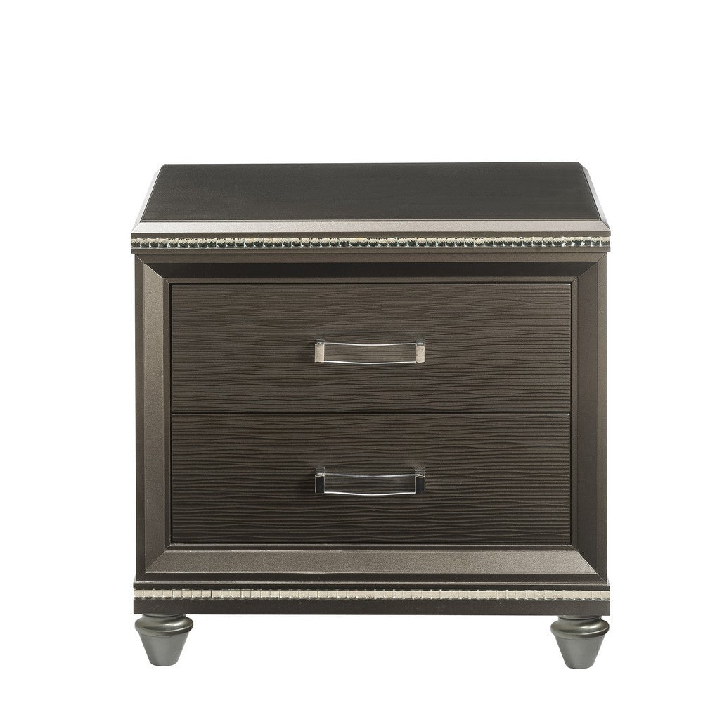 Benjara Contemporary 2 Drawer Wooden Nightstand with Mirror Trim Details, Brown