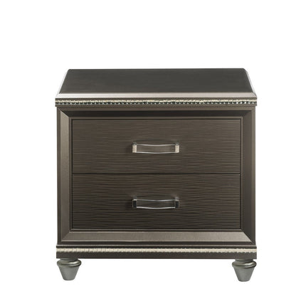Benjara Contemporary 2 Drawer Wooden Nightstand with Mirror Trim Details, Brown