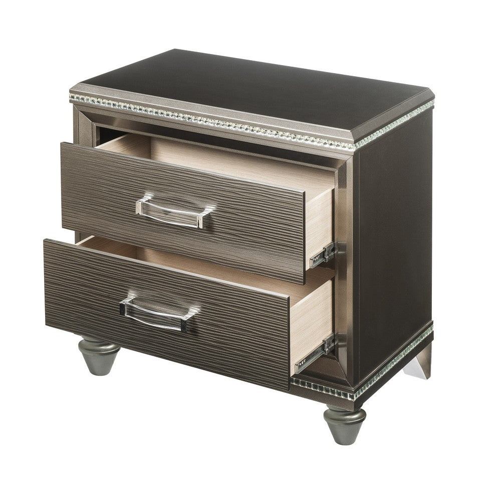 Benjara Contemporary 2 Drawer Wooden Nightstand with Mirror Trim Details, Brown