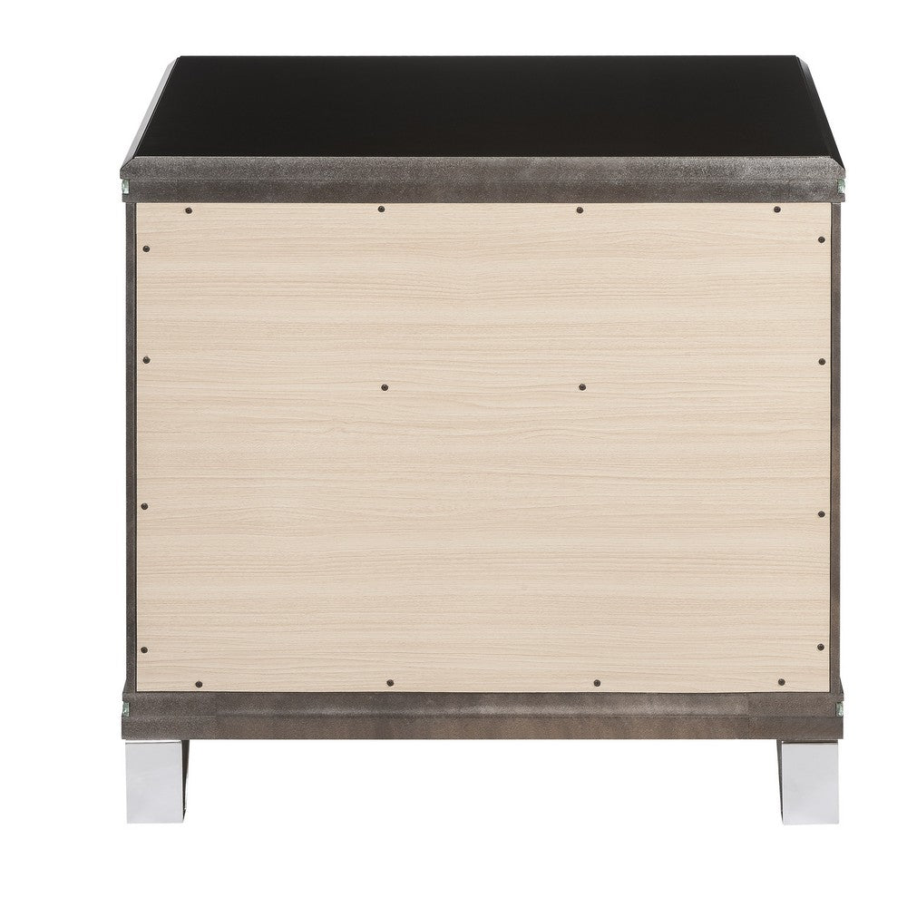 Benjara Contemporary 2 Drawer Wooden Nightstand with Mirror Trim Details, Brown