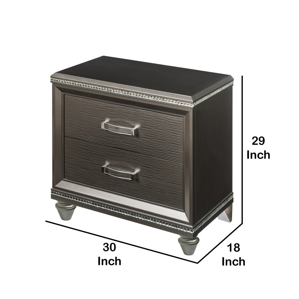 Benjara Contemporary 2 Drawer Wooden Nightstand with Mirror Trim Details, Brown