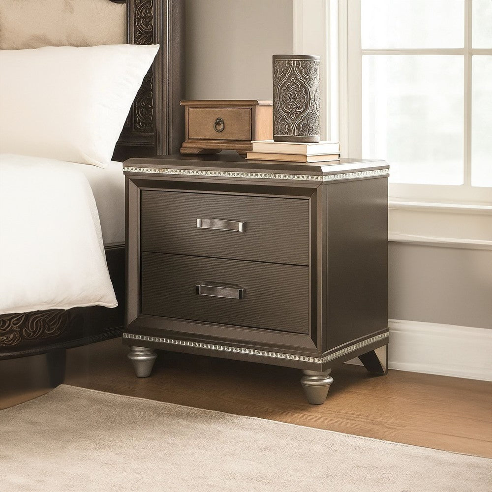 Benjara Contemporary 2 Drawer Wooden Nightstand with Mirror Trim Details, Brown