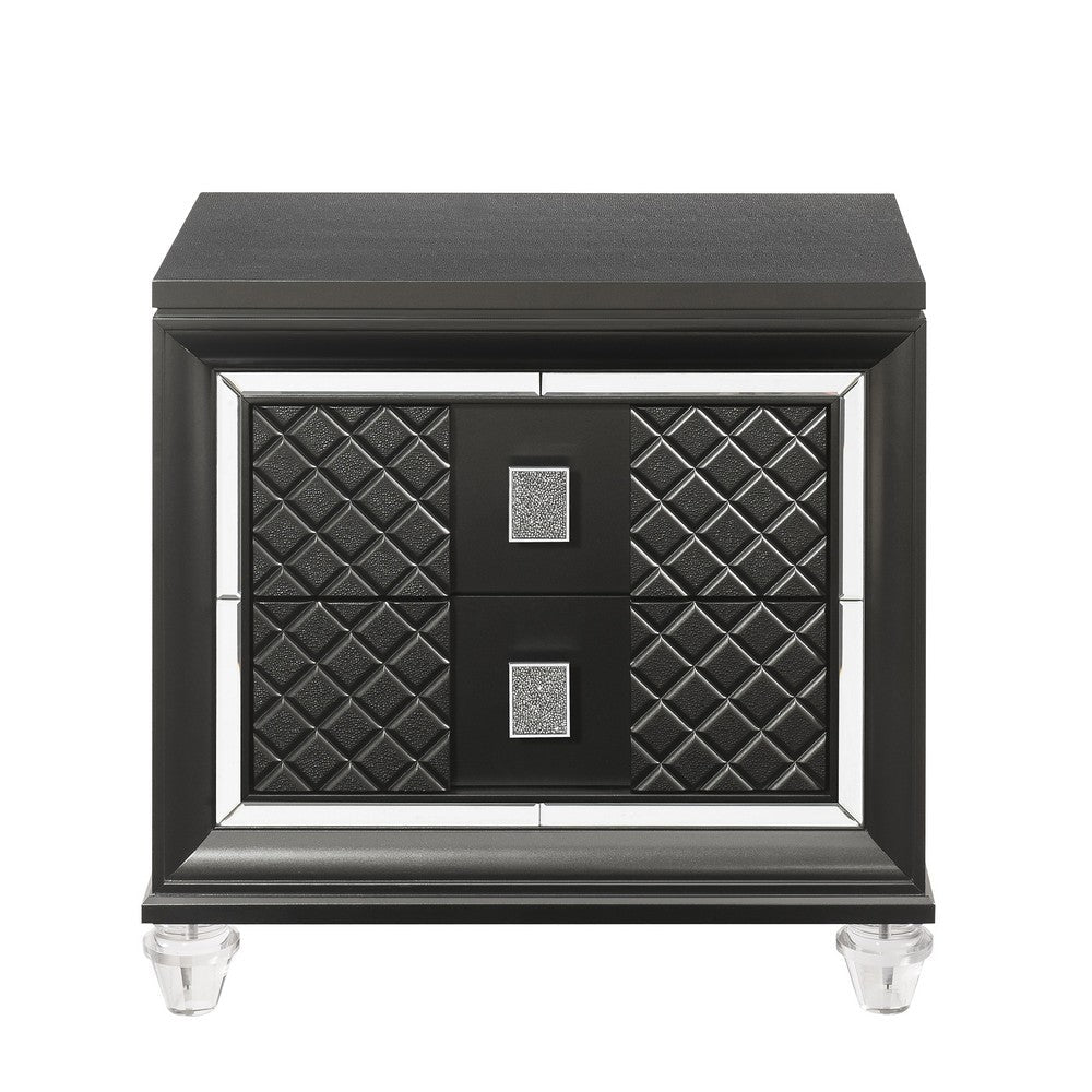 Benjara 2 Drawer Wooden Nightstand with Mirror Accents And Diamond Pattern, Black