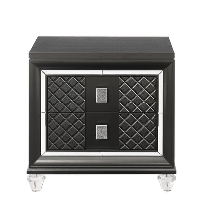 Benjara 2 Drawer Wooden Nightstand with Mirror Accents And Diamond Pattern, Black