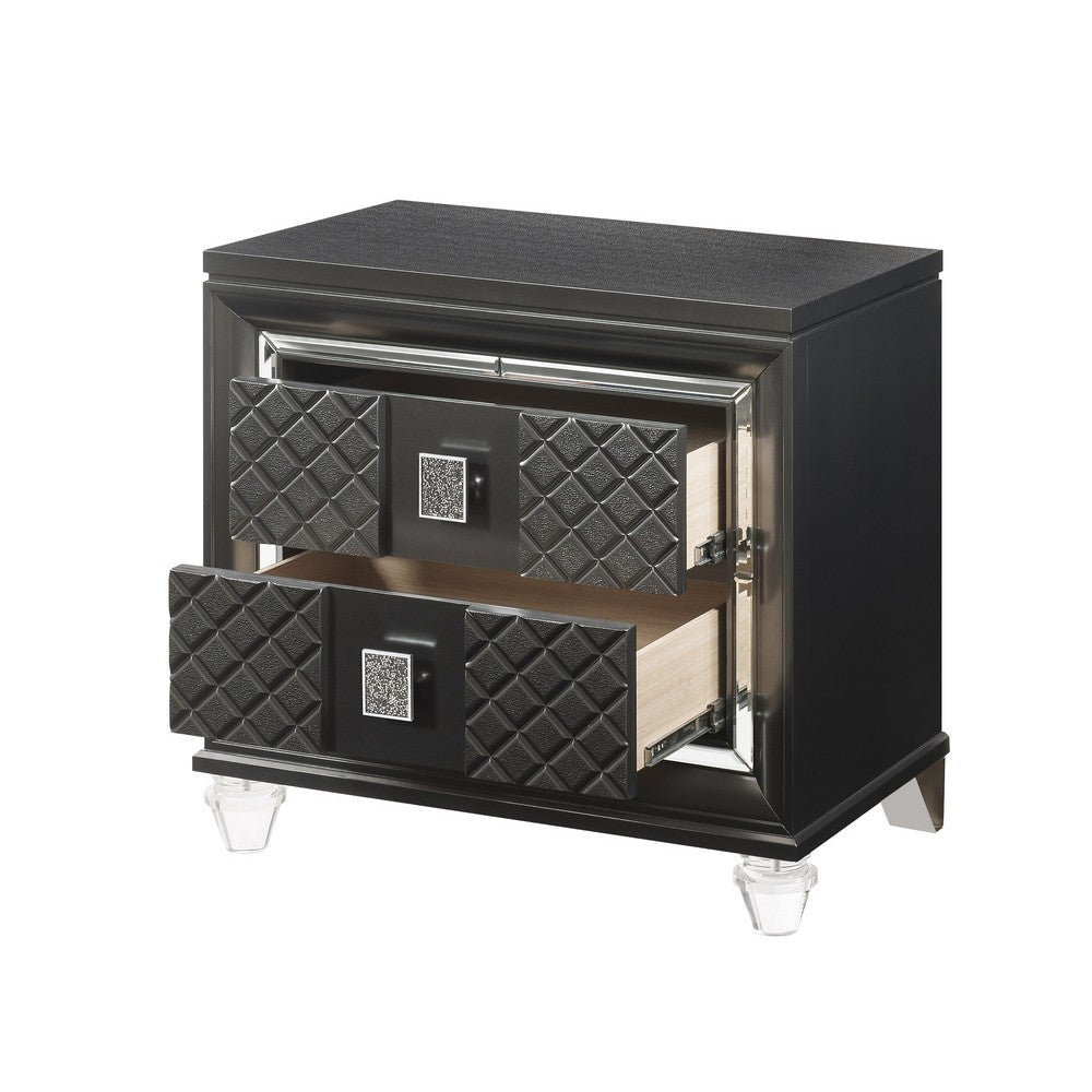 Benjara 2 Drawer Wooden Nightstand with Mirror Accents And Diamond Pattern, Black