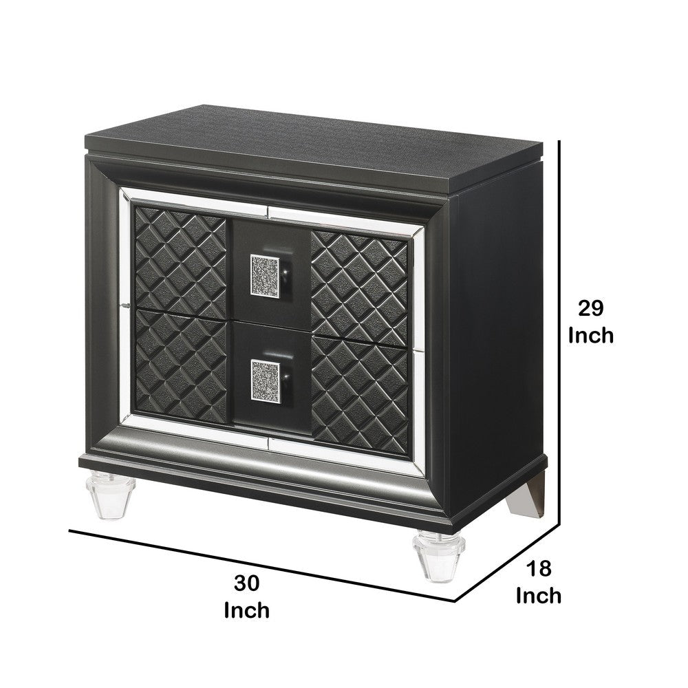Benjara 2 Drawer Wooden Nightstand with Mirror Accents And Diamond Pattern, Black