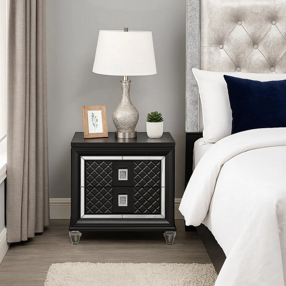Benjara 2 Drawer Wooden Nightstand with Mirror Accents And Diamond Pattern, Black