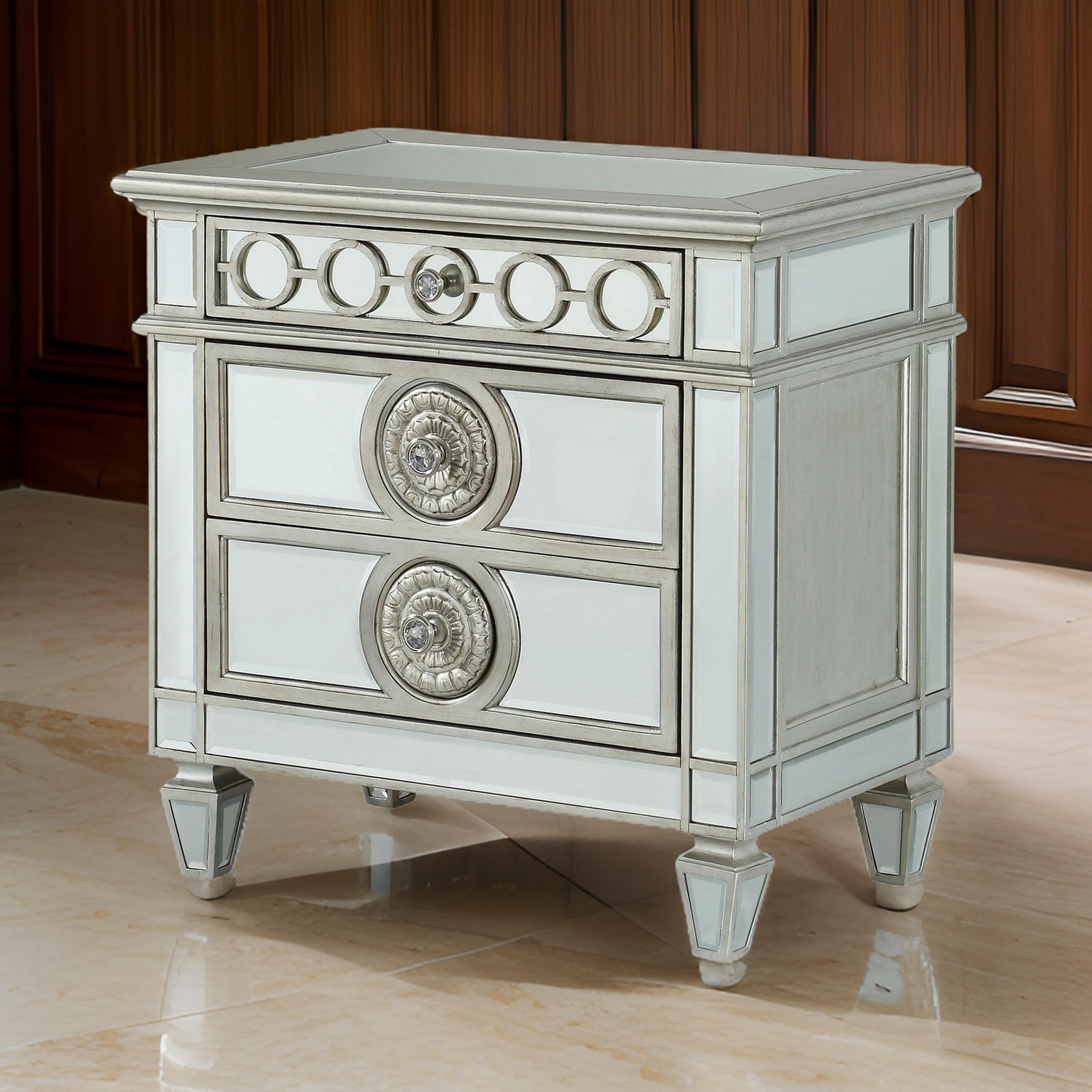 Benjara Mirror Accented Wooden Nightstand with 3 Storage Drawers, Silver