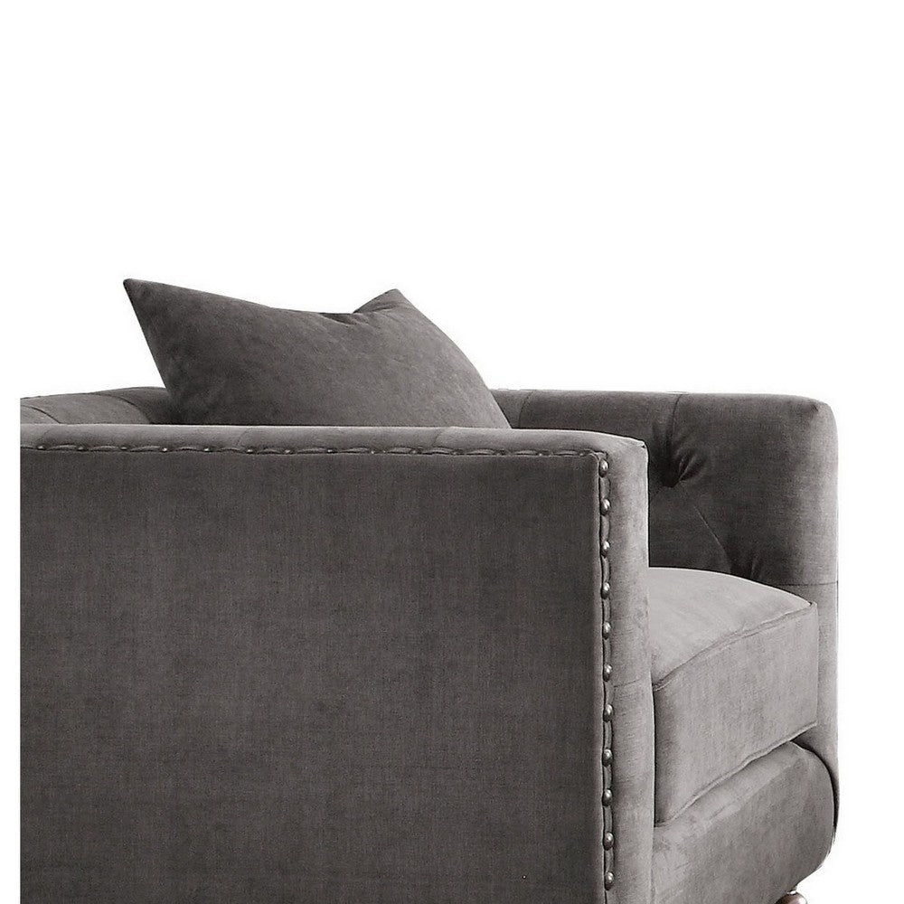 Benjara Fabric Upholstered Wooden Sofa Chair with Nail Head Trim, Gray