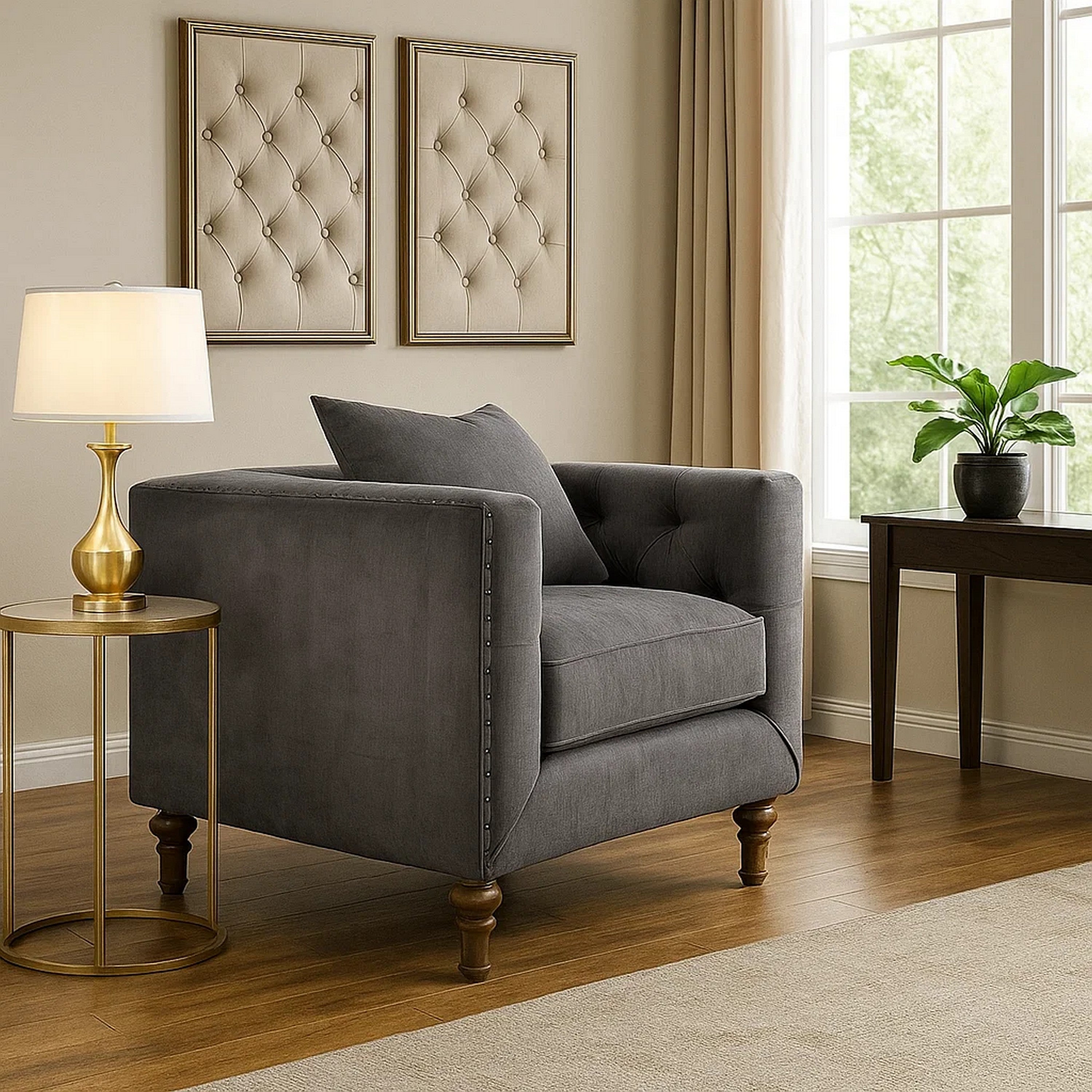 Benjara Fabric Upholstered Wooden Sofa Chair with Nail Head Trim, Gray