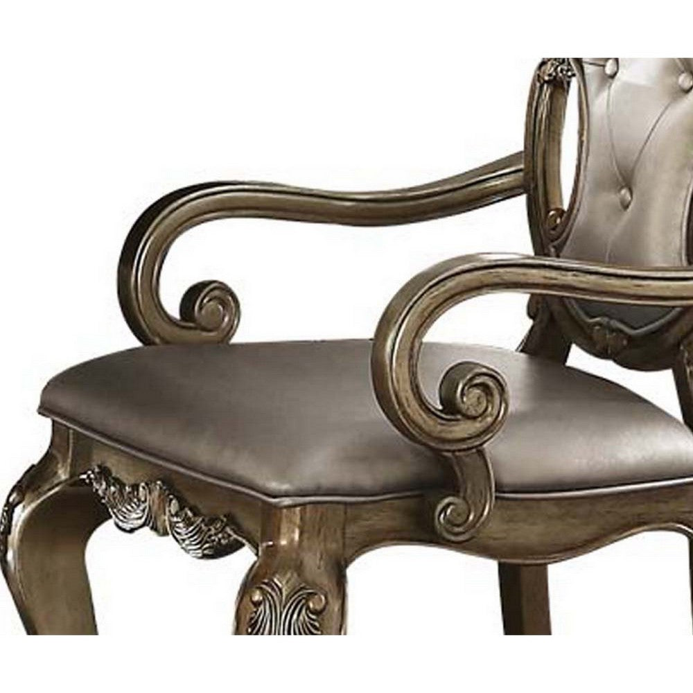 Benjara Wood And Fabric Dining Chairs with Armrests, Set of 2, Brown And Champagne