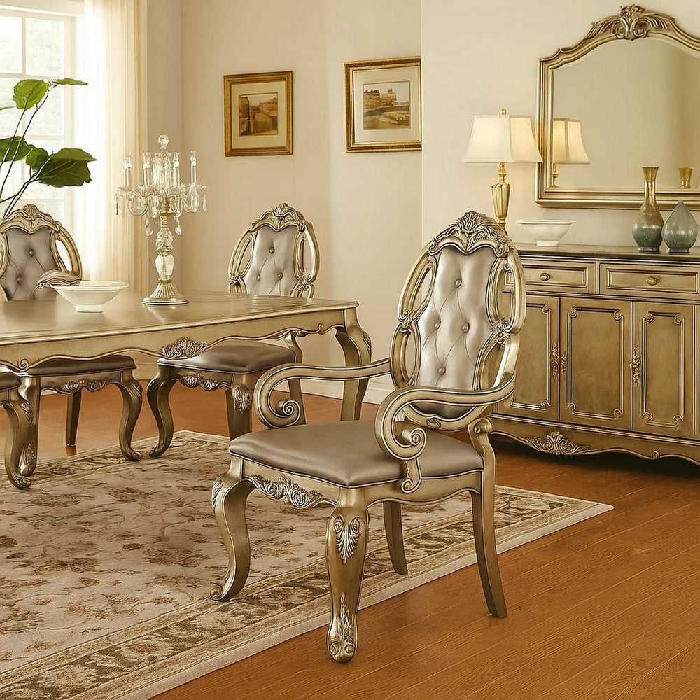 Benjara Wood And Fabric Dining Chairs with Armrests, Set of 2, Brown And Champagne