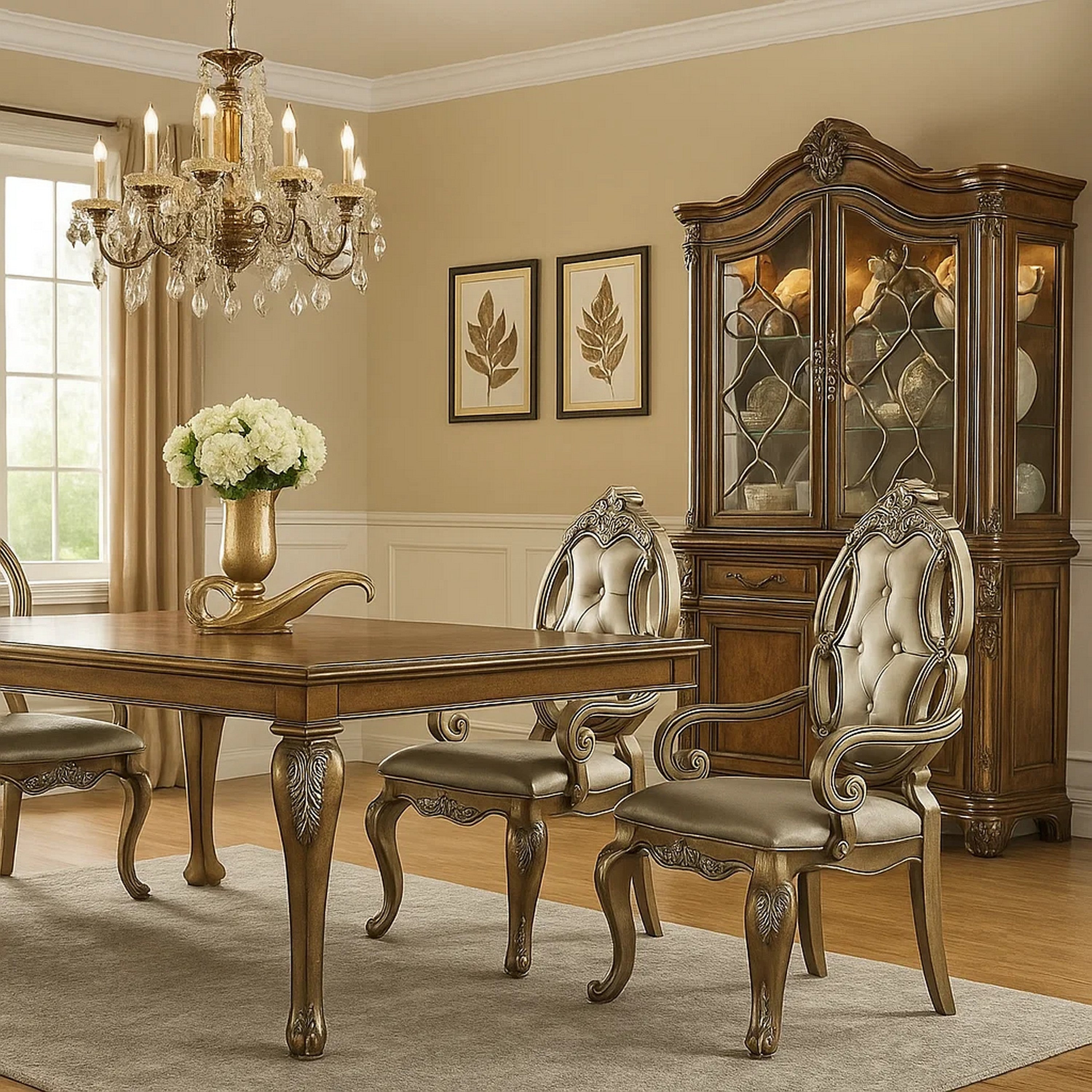 Benjara Wood And Fabric Dining Chairs with Armrests, Set of 2, Brown And Champagne