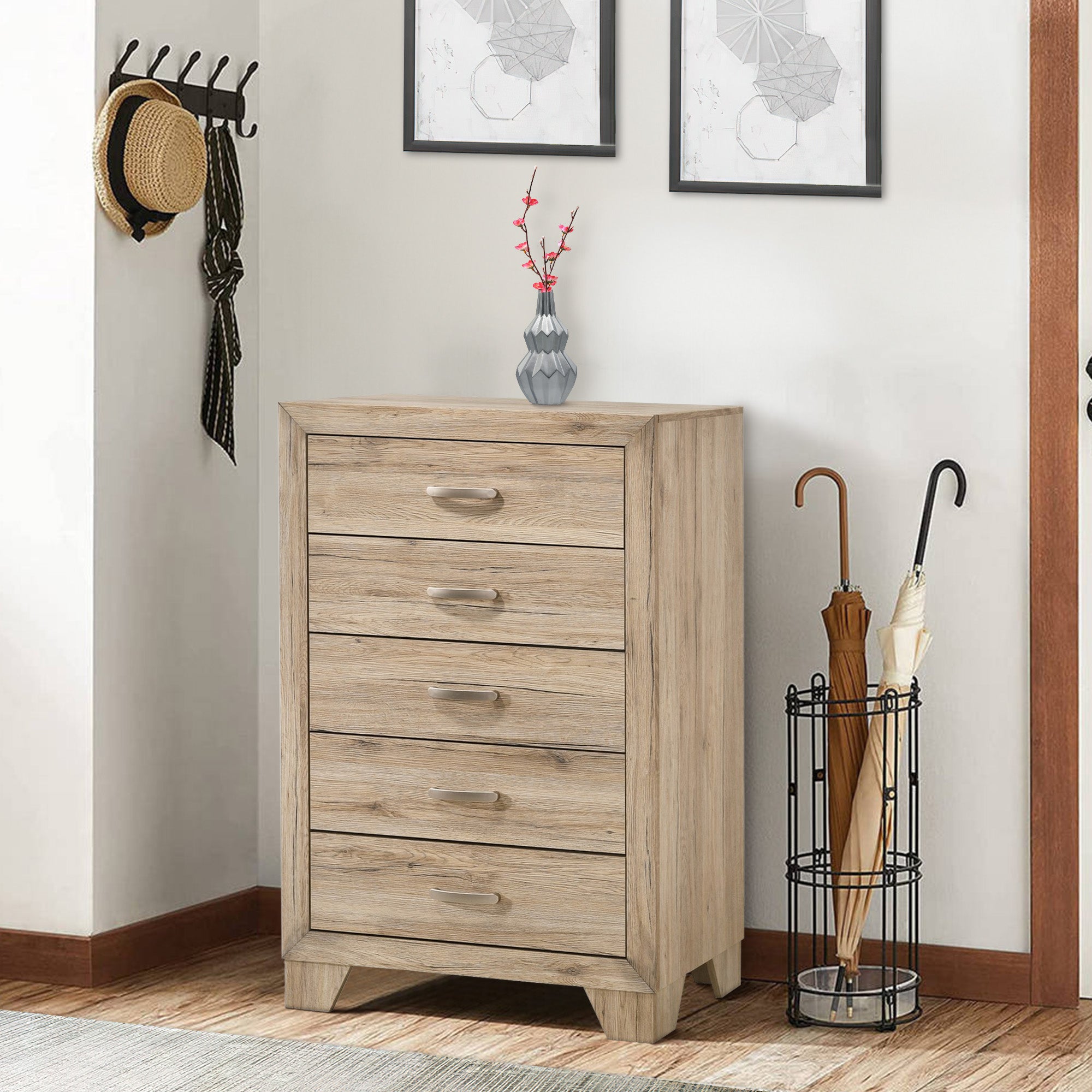 Benjara Wooden Chest with 5 Storage Drawers, Brown