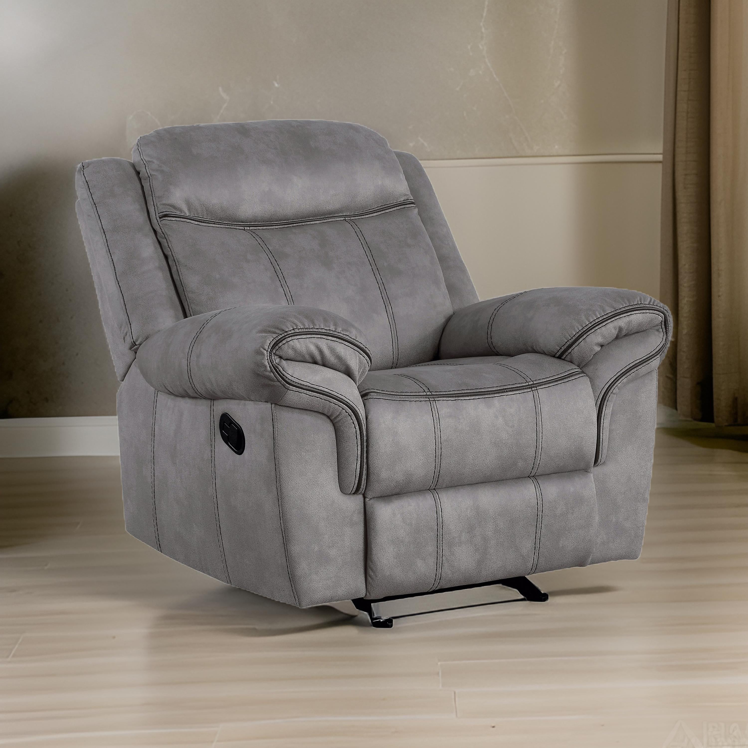 Benjara Fabric Upholstered Metal Reclining Club Chair with Center Console, Gray