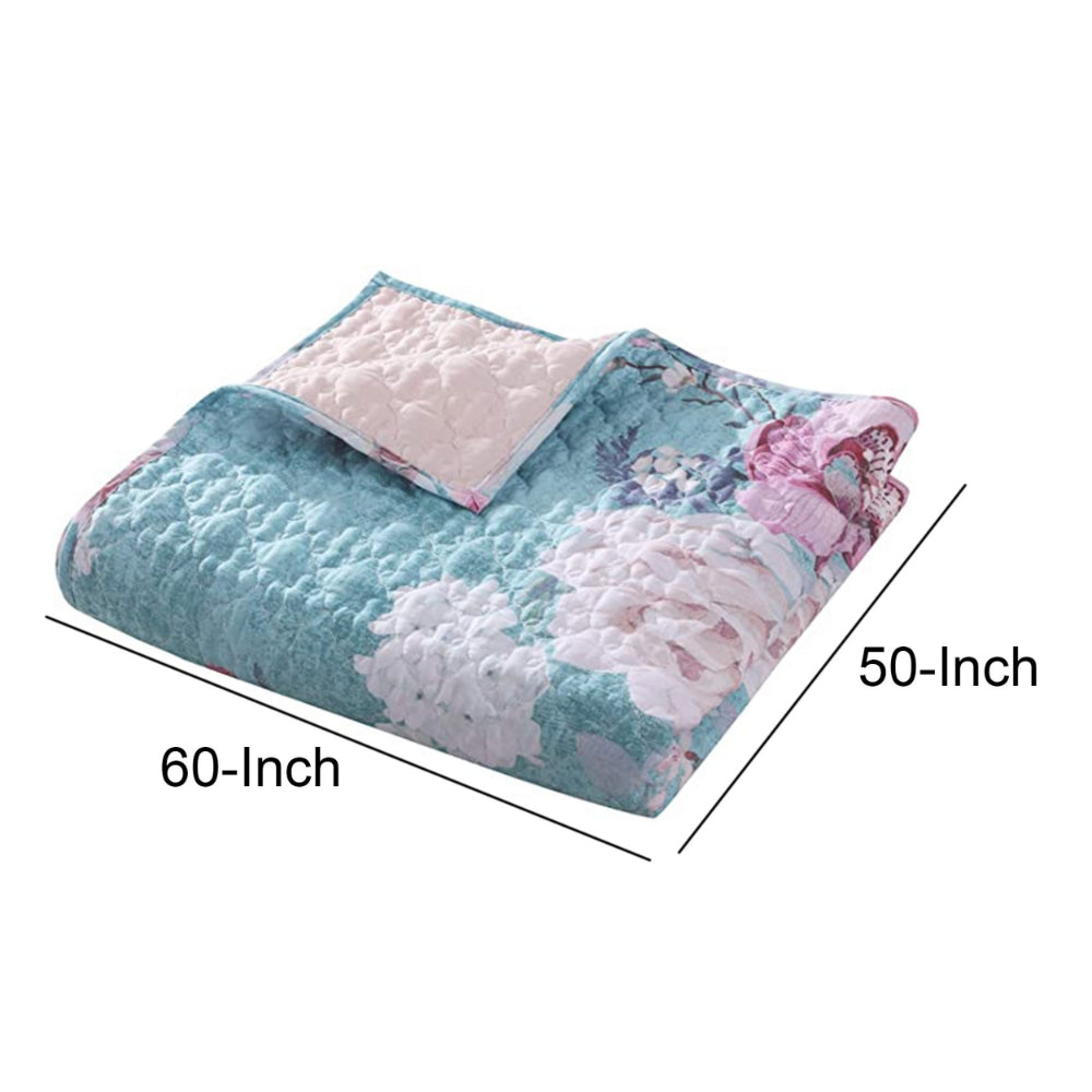 Benjara 50 x 60 Inch Microfiber Throw Blanket, Floral Print, Blue, Pink, White