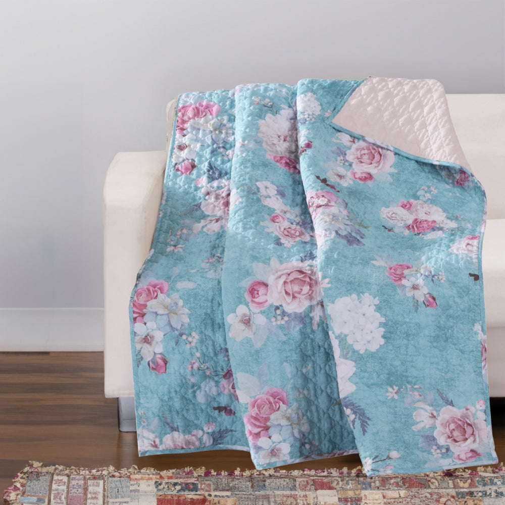 Benjara 50 x 60 Inch Microfiber Throw Blanket, Floral Print, Blue, Pink, White