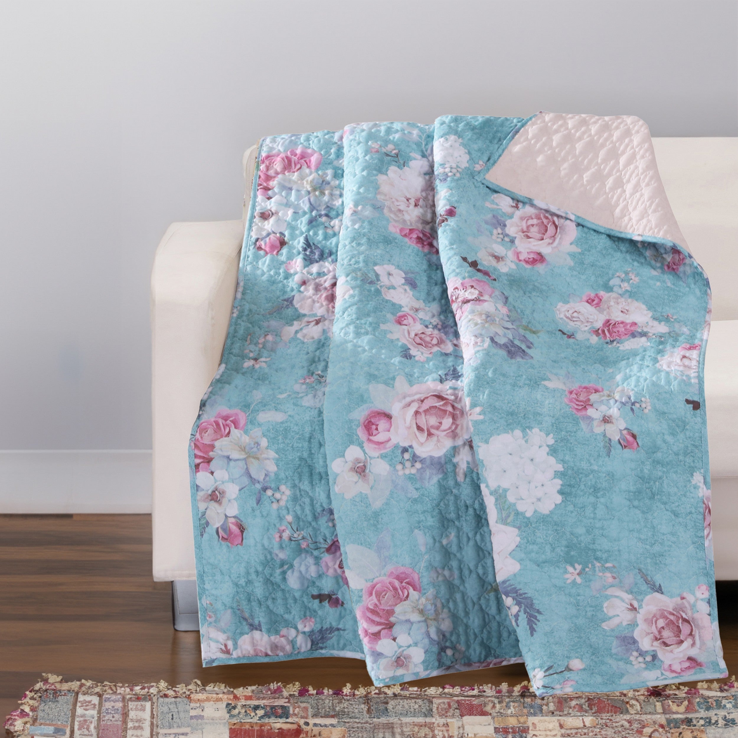 Benjara 50 x 60 Inch Microfiber Throw Blanket, Floral Print, Blue, Pink, White