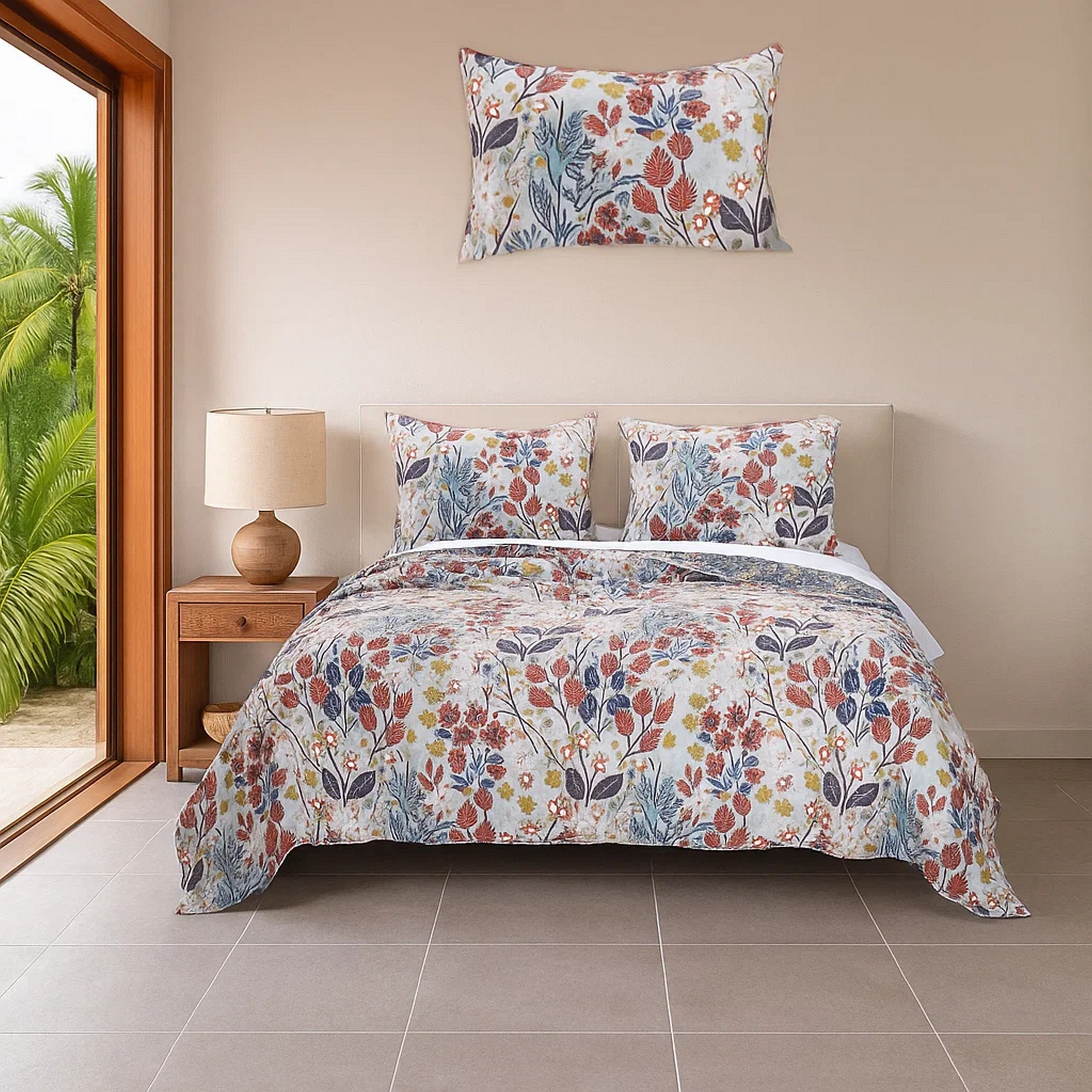 Benjara King Size 3 Piece Polyester Quilt Set with Floral Prints, Multicolor