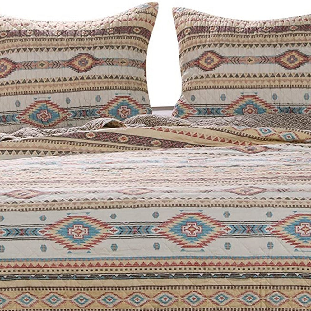 Benjara King Size 3 Piece Polyester Quilt Set with Kilim Pattern, Multicolor