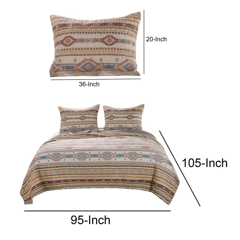 Benjara King Size 3 Piece Polyester Quilt Set with Kilim Pattern, Multicolor