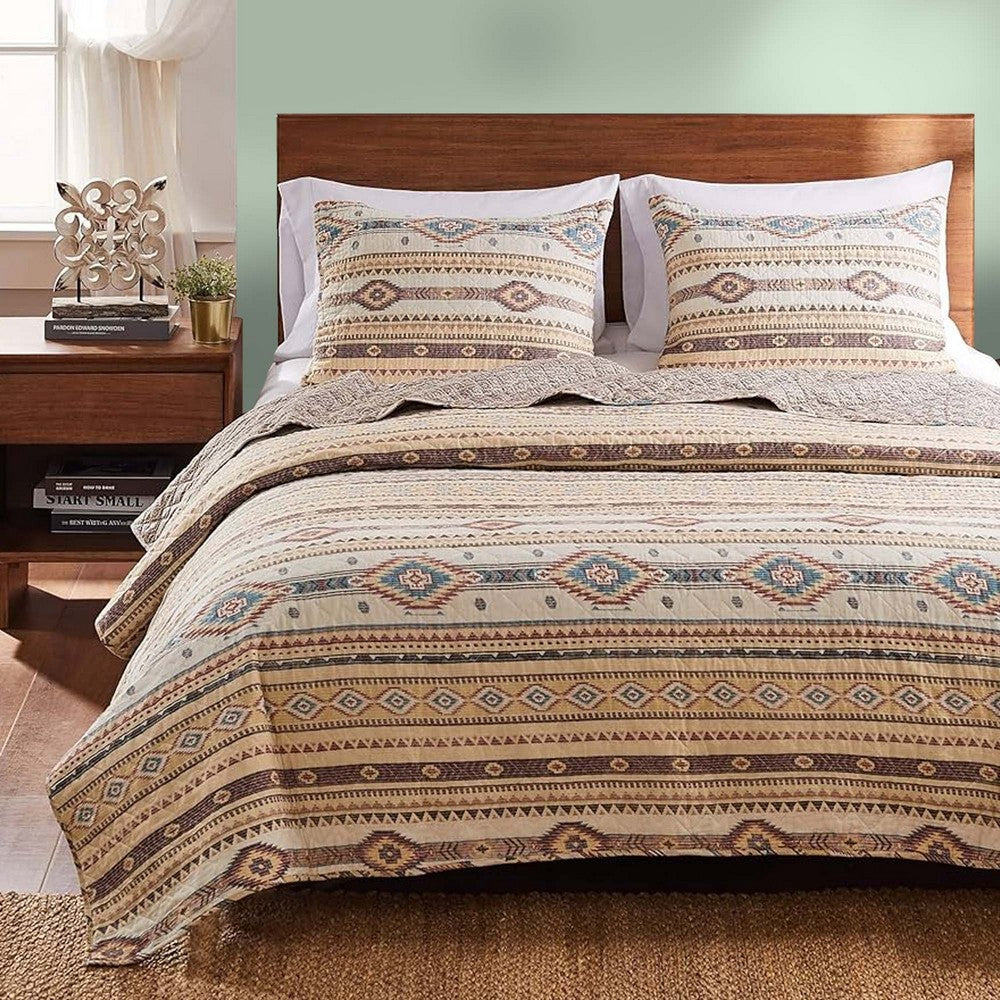Benjara King Size 3 Piece Polyester Quilt Set with Kilim Pattern, Multicolor