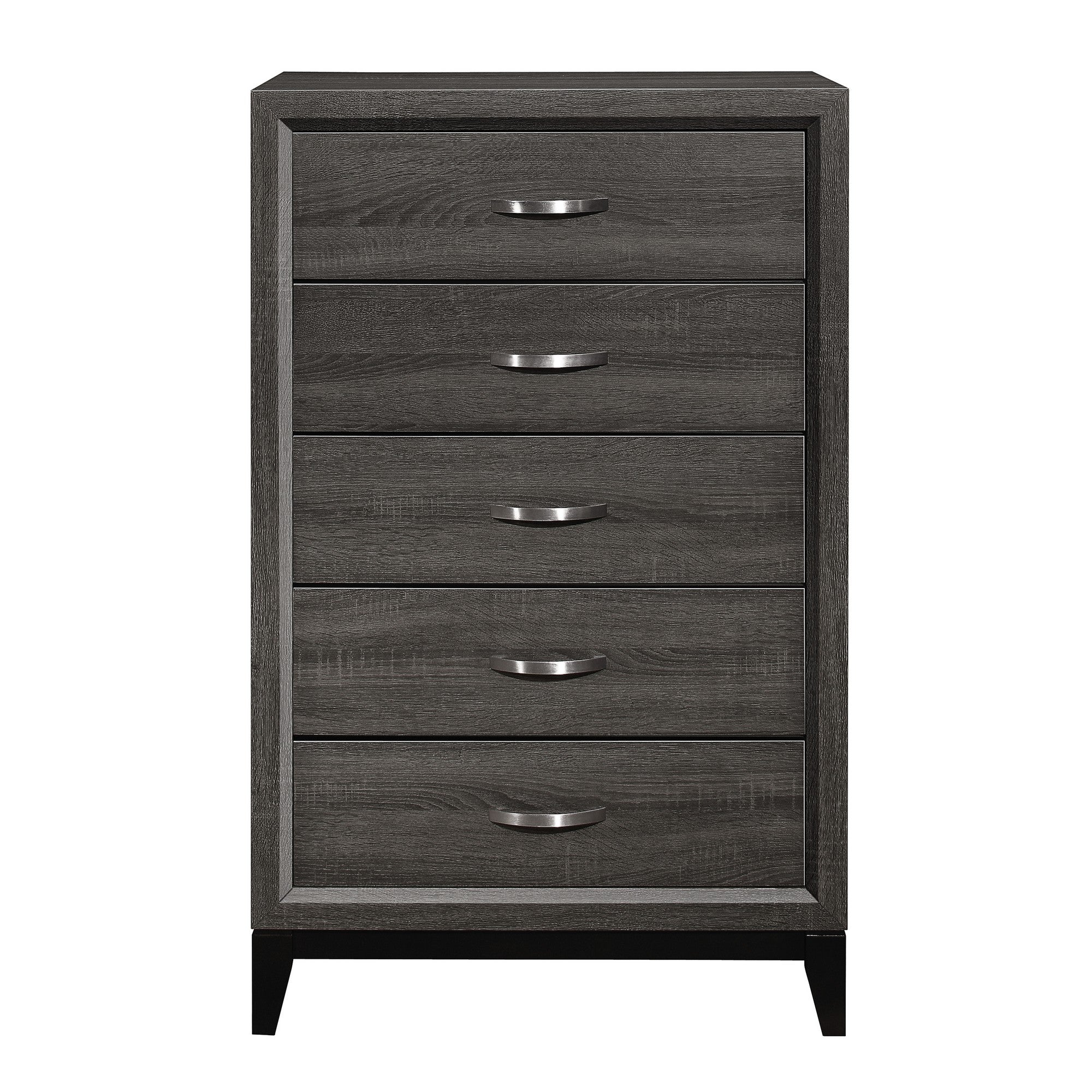 Benjara 5 Drawer Wooden Chest with Grain Details And Chamfered Feet, Gray