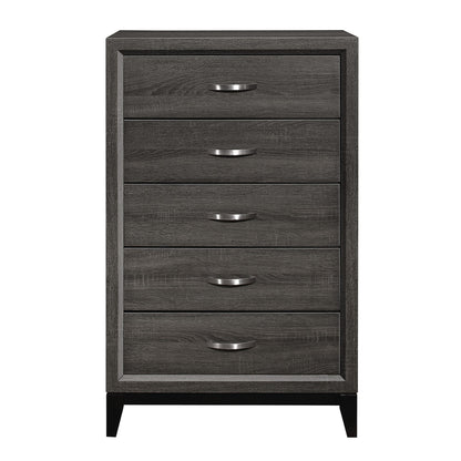 Benjara 5 Drawer Wooden Chest with Grain Details And Chamfered Feet, Gray