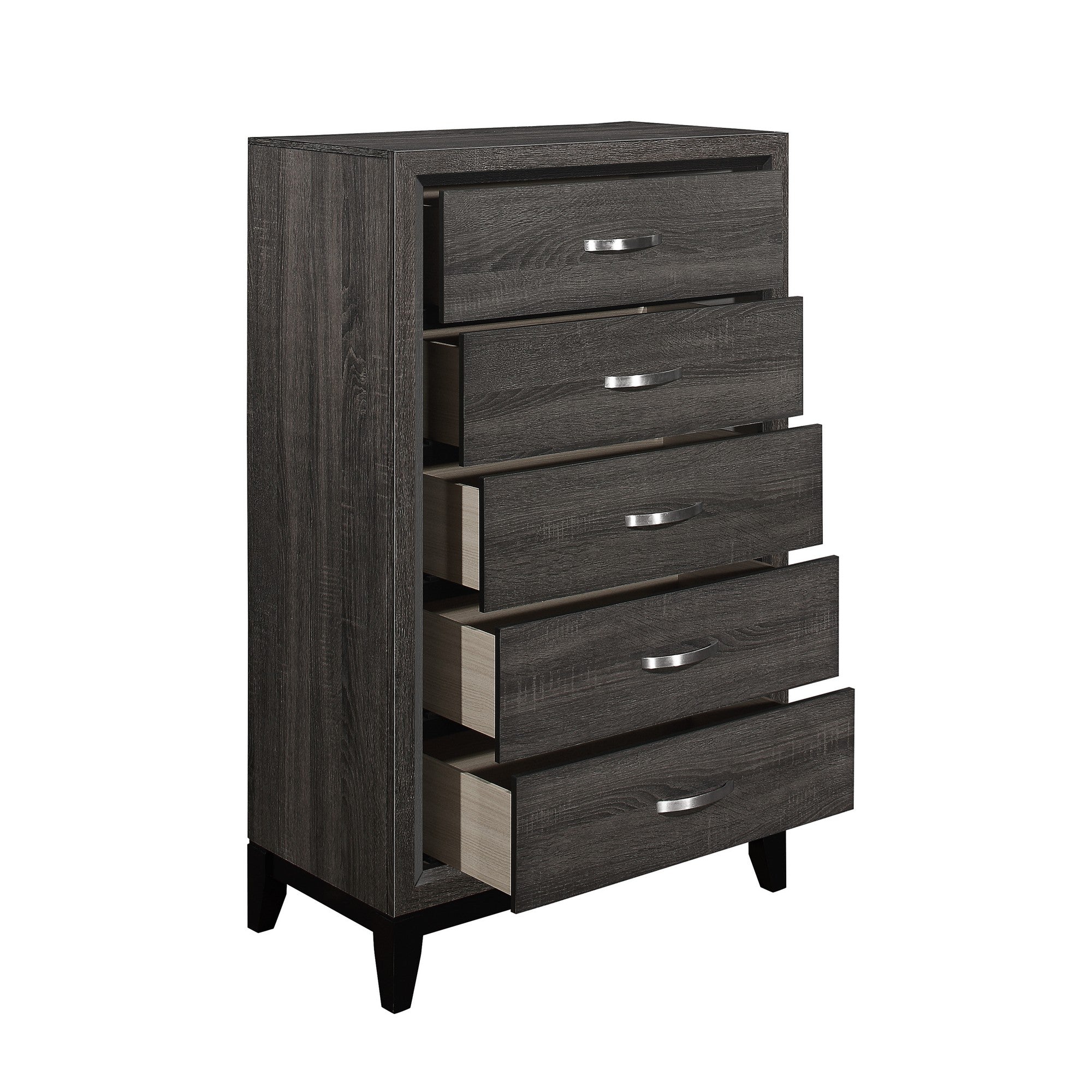 Benjara 5 Drawer Wooden Chest with Grain Details And Chamfered Feet, Gray