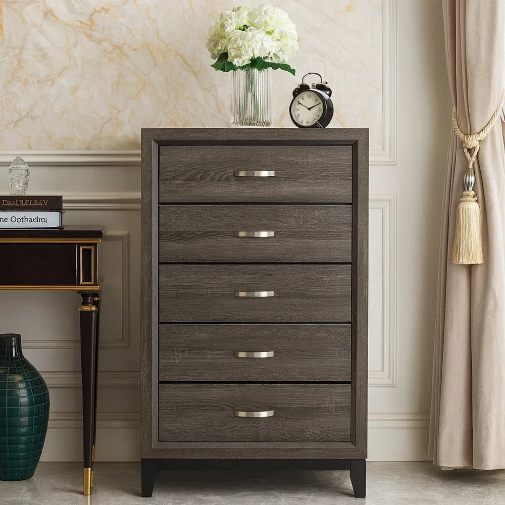 Benjara 5 Drawer Wooden Chest with Grain Details And Chamfered Feet, Gray