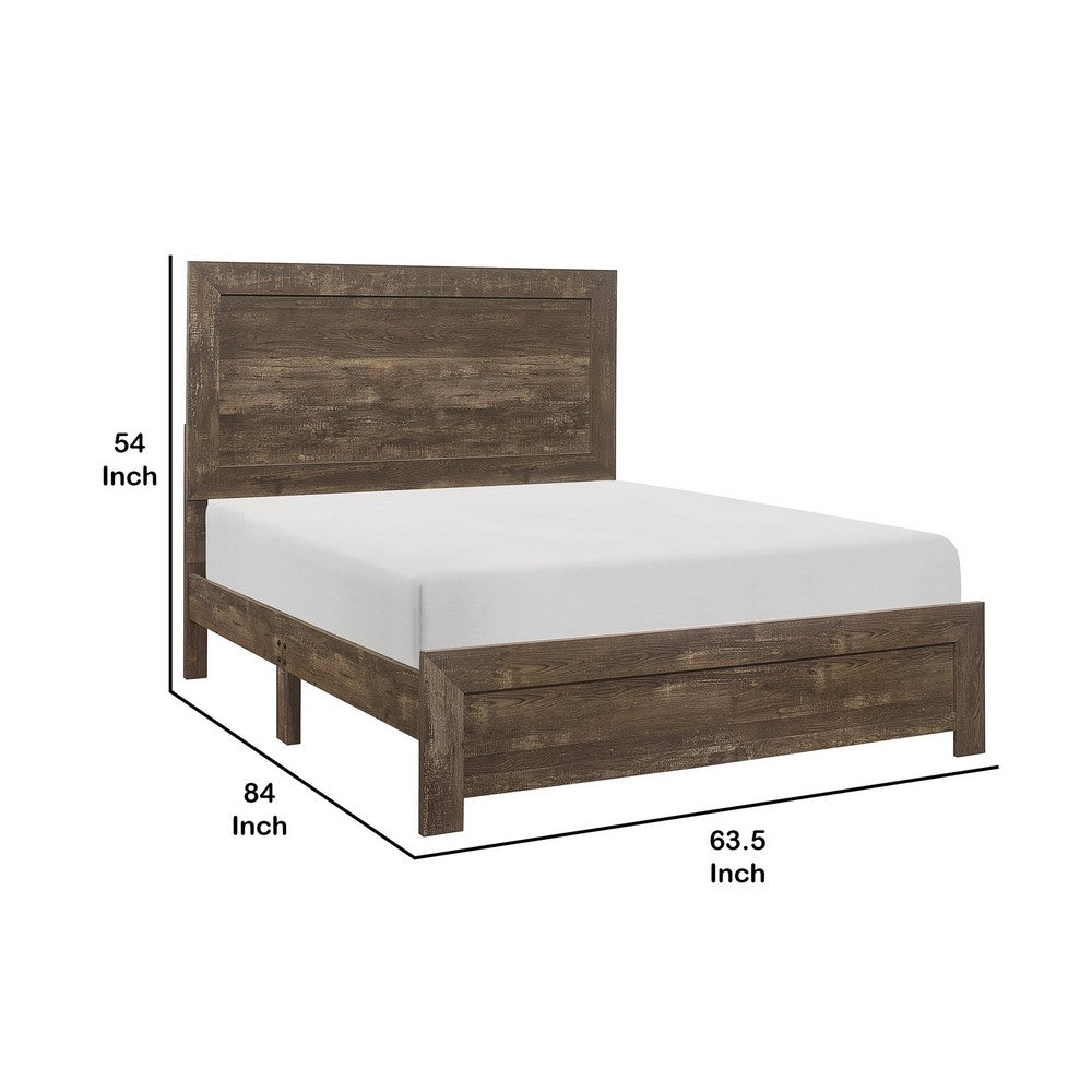 Benjara Rustic Panel Design Wooden Queen Size Bed with Block Legs Support, Brown