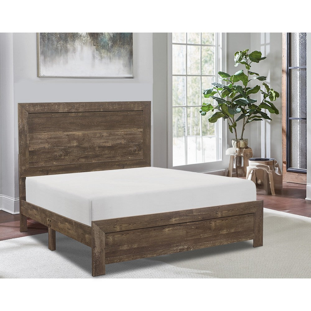 Benjara Rustic Panel Design Wooden Queen Size Bed with Block Legs Support, Brown