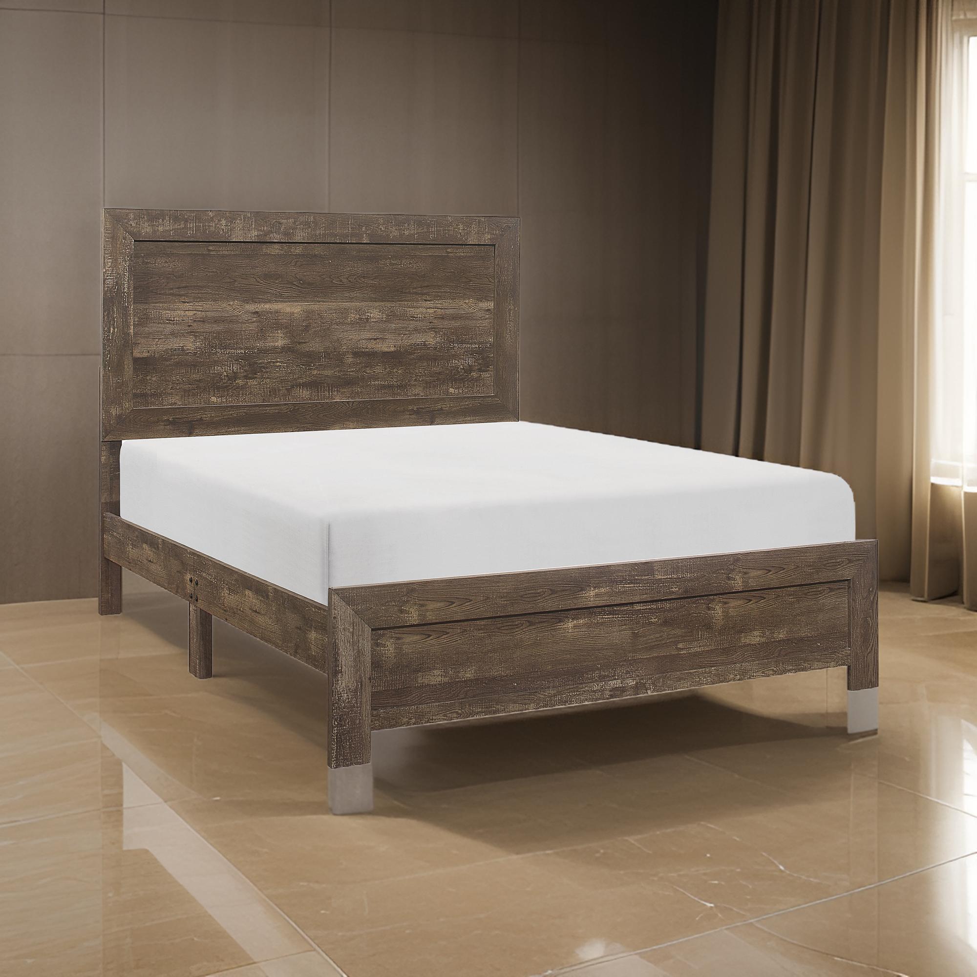 Benjara Rustic Panel Design Wooden Queen Size Bed with Block Legs Support, Brown