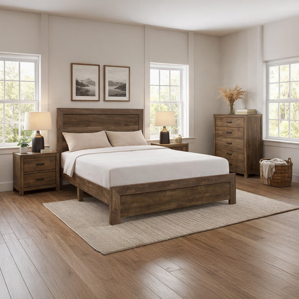 Benjara Rustic Panel Design Wooden Queen Size Bed with Block Legs Support, Brown